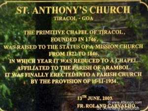 St. Anthony's Church (Tiracol, Goa) Historical Marker