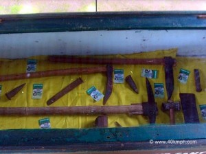 Tools used by Maendra J. A. Alvares for Mirabai Laterite Sculpture displayed at Big Foot, Loutolim, Salcette, Goa