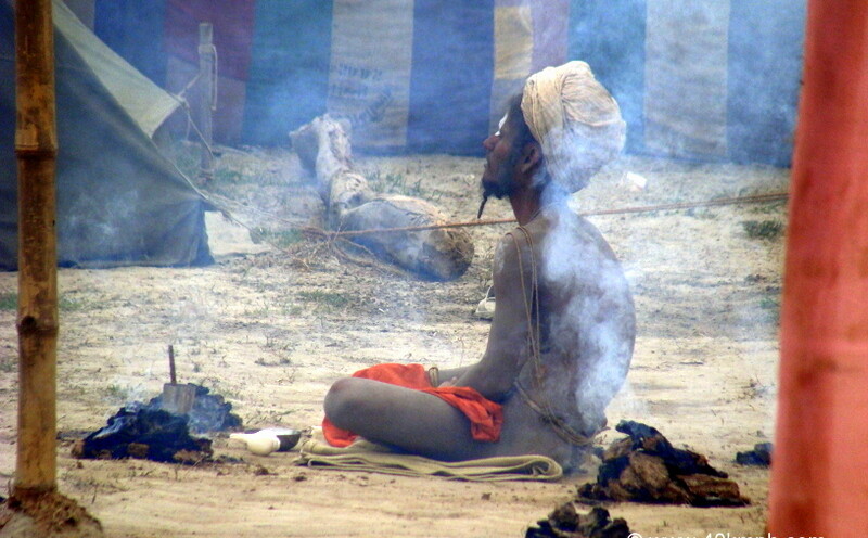 Naga Sadhu Meditating at Kumbh Sthan, Banks of the Yamuna in Vrindavan (Uttar Pradesh, India)