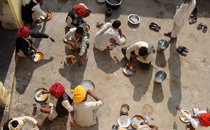 Devotees Having Prasad at Shakambari Devi Temple, Sambhar, Rajasthan, India