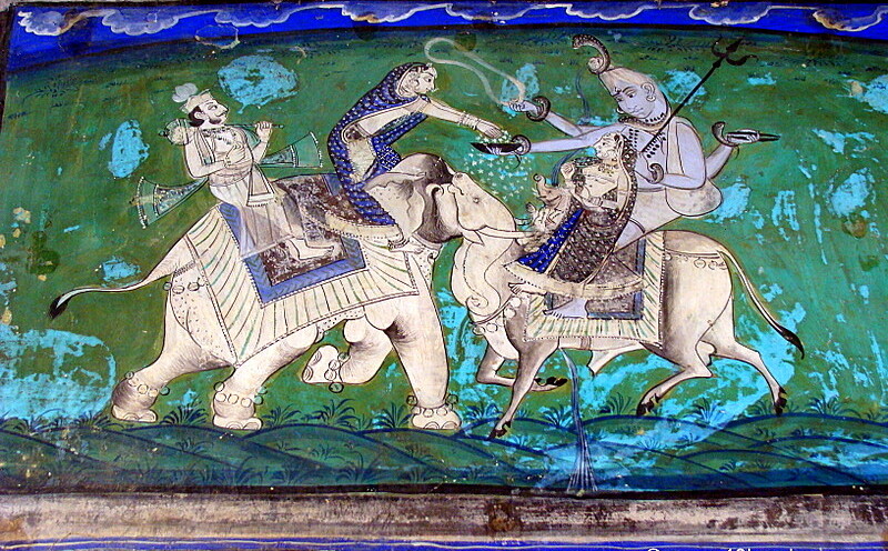 Common Head and Eye of Airavata and Nandi - Wall Painting at Chitrasala, Bundi, Rajasthan, India