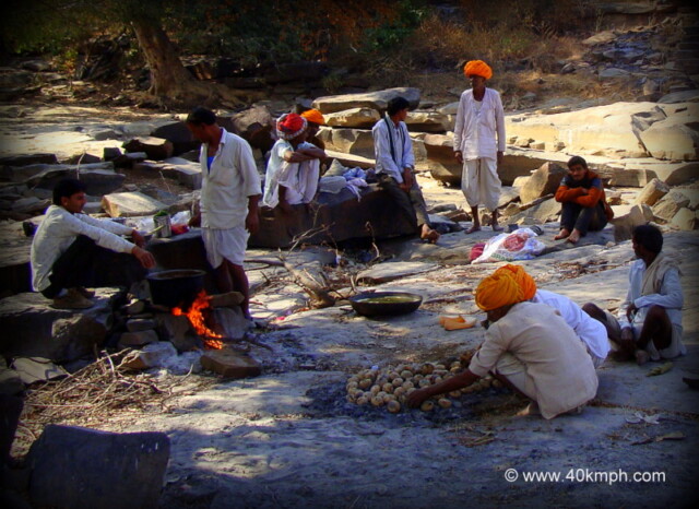 Preparation of Dal Bati Churma by Villagers nearby Mandalgarh Menal Waterfall, Chittorgarh, Rajasthan, India