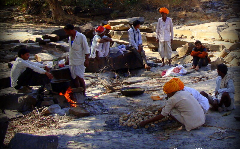 Preparation of Dal Bati Churma by Villagers nearby Mandalgarh Menal Waterfall, Chittorgarh, Rajasthan, India