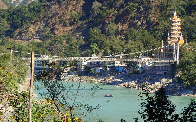 View of Lakshman Jhula from Ganga Lane, Swarg Ashram, Rishikesh, Uttarakhand, India
