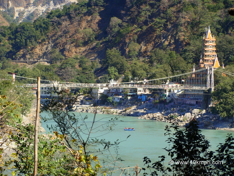 View of Lakshman Jhula from Ganga Lane, Swarg Ashram, Rishikesh, Uttarakhand, India
