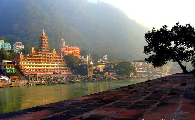 View of Terah Manzil Temple from Ganga River Ghat, Rishikesh, Uttarakhand, India