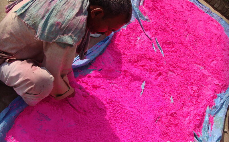 Worker preparing Gulal for Holi at Barsana, Uttar Pradesh, India
