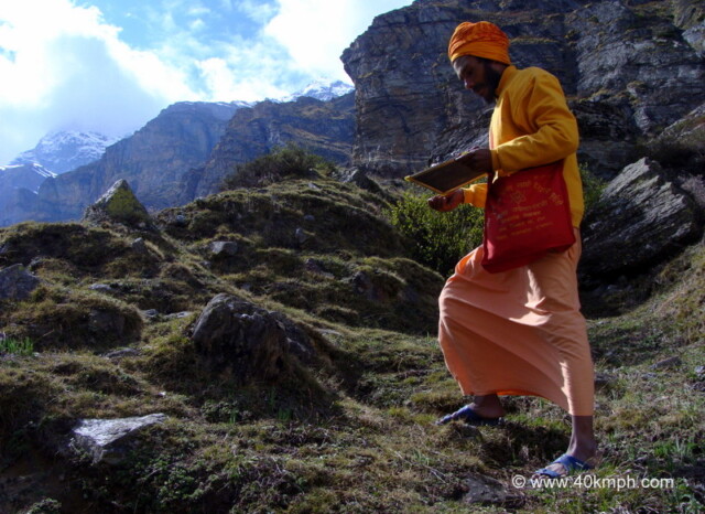 Mauni Baba Communicating via Writing Slate nearby Charan Paduka, Badrinath, Uttarakhand, India