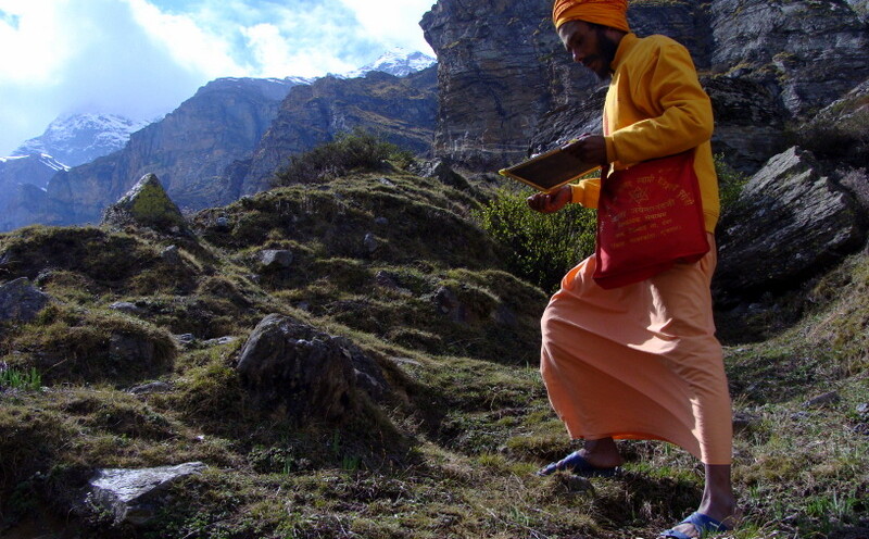 Mauni Baba Communicating via Writing Slate nearby Charan Paduka, Badrinath, Uttarakhand, India