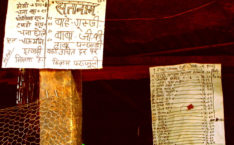 Menu and Rates of a Dhaba in Ghangaria, Uttarakhand, India