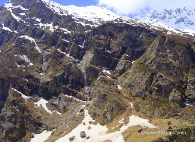 Mountain Winter Snow Melting Creating a Small Waterfall near Mana Village, Uttarakhand, India