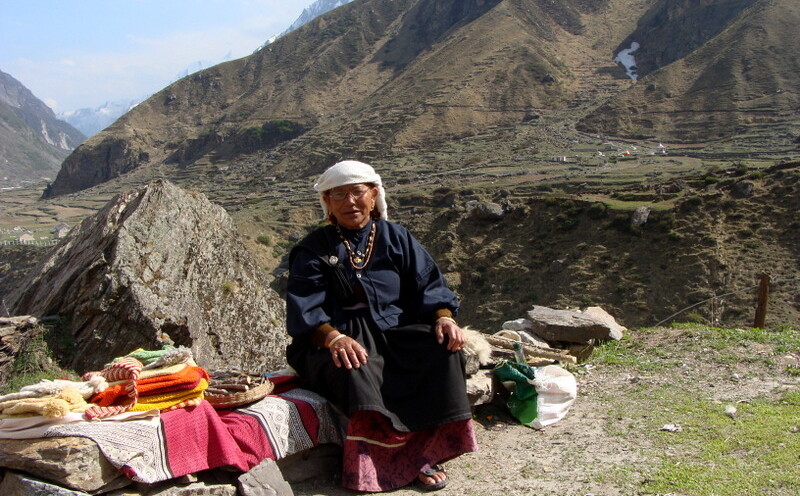 Woman Selling Hand-Spun Woolen Clothes at Mana Village, Uttarakhand, India