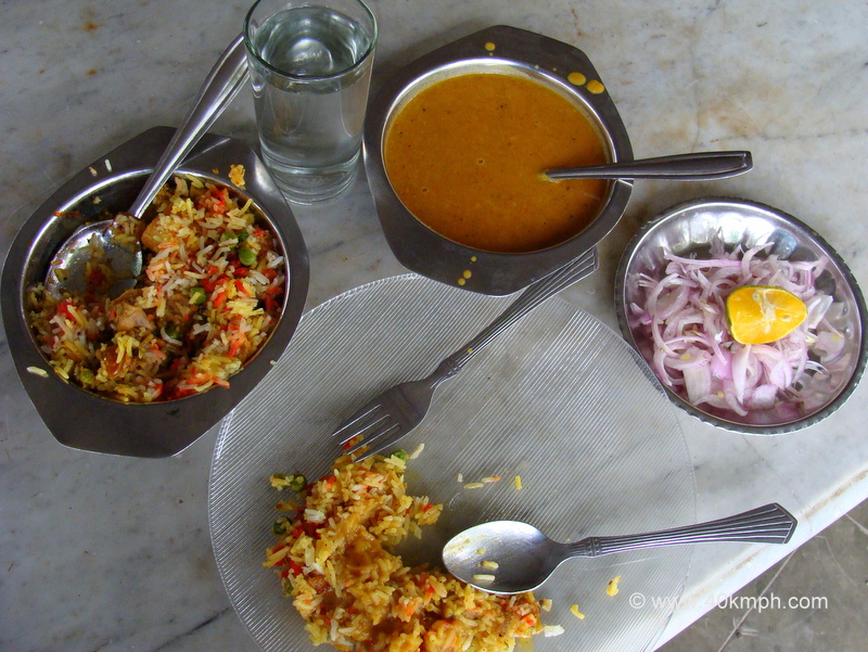 Chicken Pulao Dal for Lunch at Hotel Ashishvangh near Iranshah, Udvada Town, Valsad, Gujarat, India