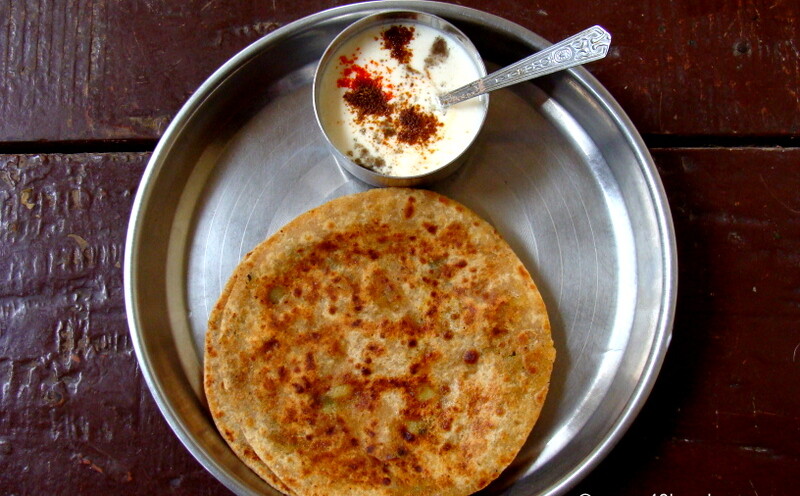Homemade Aloo Paratha with Dahi for Breakfast at Marwari Tiffin Center, Vrindavan, Uttar Pradesh, India