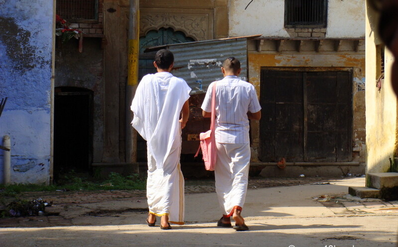 Students Walking in Traditional Clothing in Vrindavan, Uttar Pradesh, India