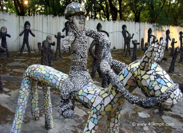 Horse Rider Sculpture Made of Stones and Tiles at Rock Garden, Chandigarh