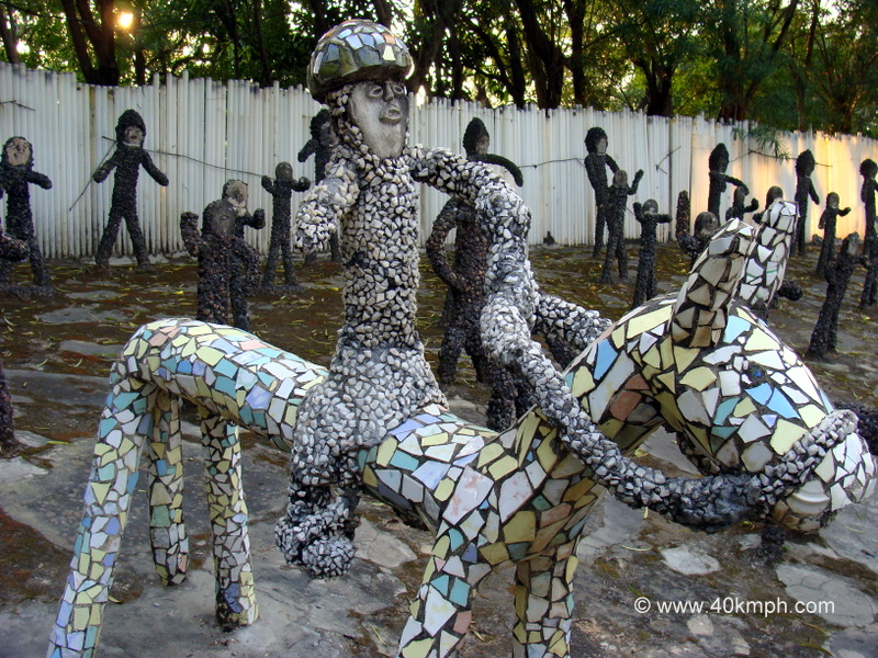 Horse Rider Sculpture Made of Stones and Tiles at Rock Garden, Chandigarh