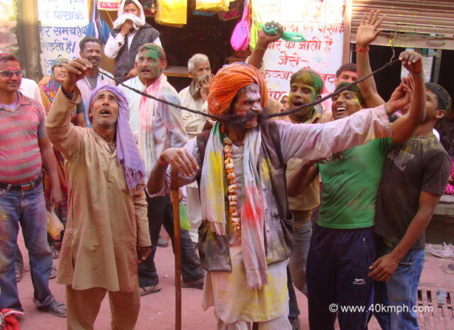 Man with Long Moustache during Lathmar Holi – 2014 at Barsana, Uttar Pradesh, India