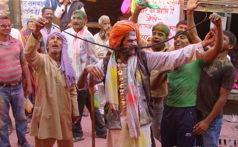 Man with Long Moustache during Lathmar Holi – 2014 at Barsana, Uttar Pradesh, India