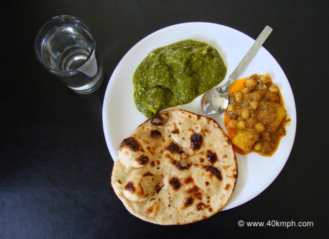 Paneer Palak and Aaloo Chola with Butter Tandoori Roti for Lunch at Seth Shri Raghunath Das Parihar Inn, Mount Abu, Rajasthan, India