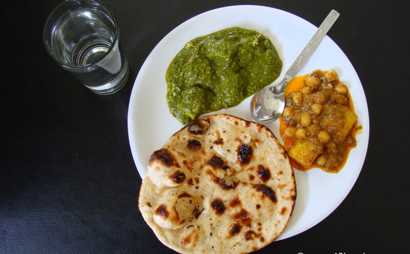Paneer Palak and Aaloo Chola with Butter Tandoori Roti for Lunch at Seth Shri Raghunath Das Parihar Inn, Mount Abu, Rajasthan, India