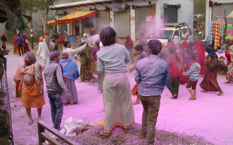 Celebrating Holi with Dry Colors at Parikrama Marg, Vrindavan, Uttar Pradesh, India