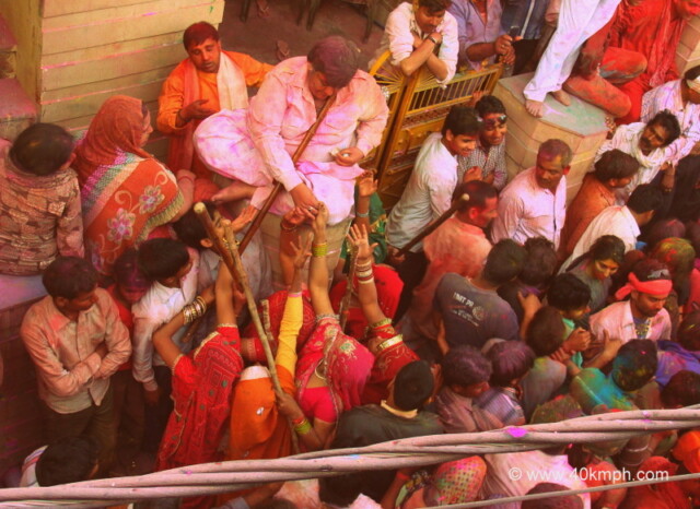 Donation on Lathmar Holi Festival, Barsana, Uttar Pradesh, India