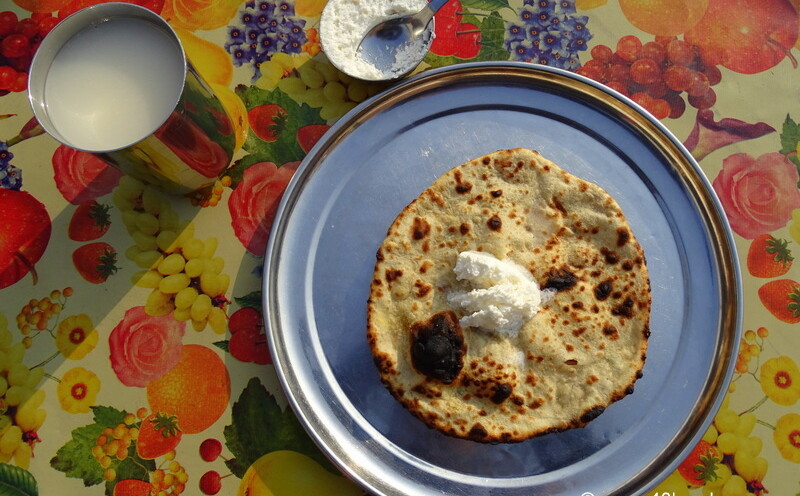 Aloo Pyaz Paratha with White Butter as Breakfast at Mittran Da Dhaba