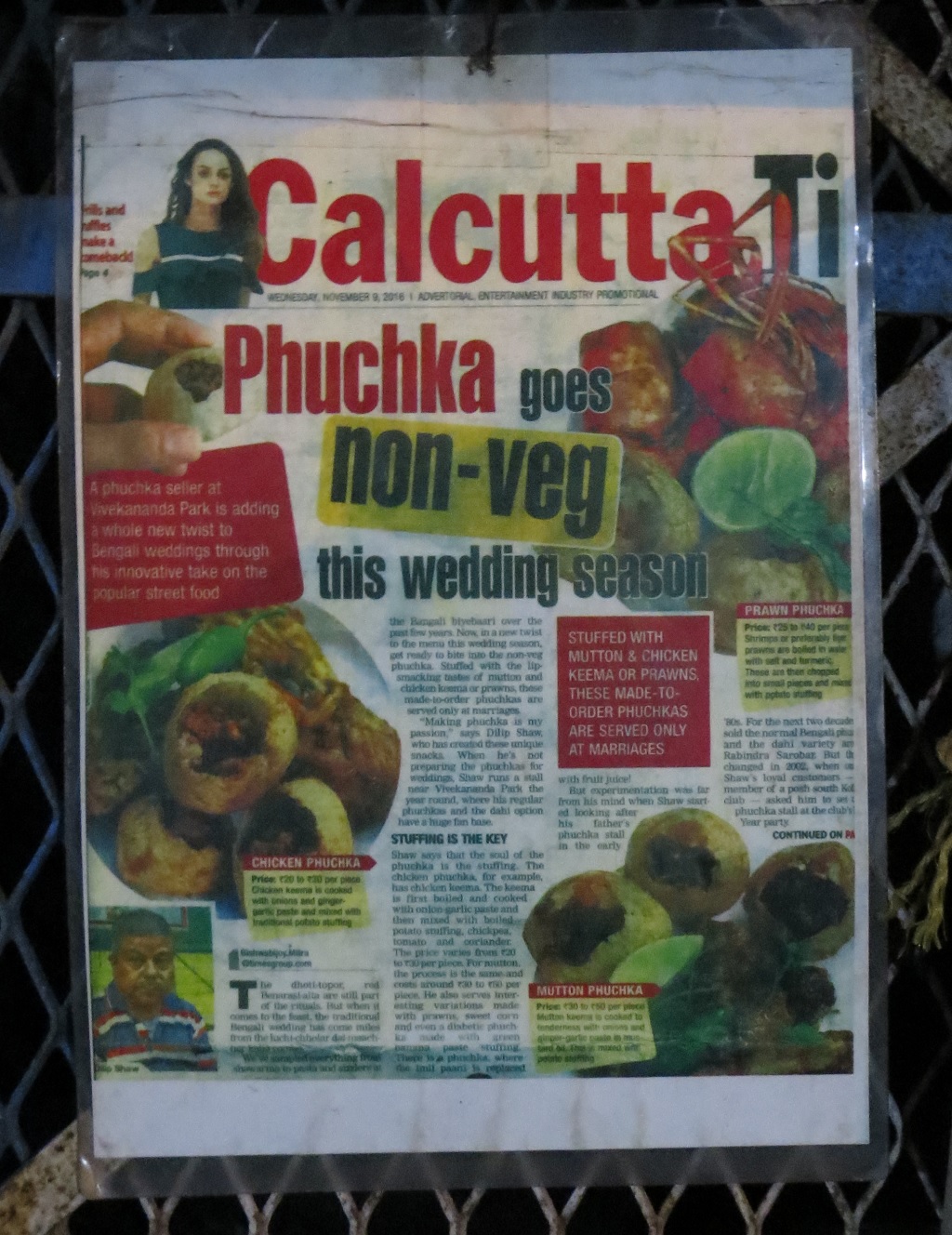 Article by Calcutta Times About Dilip Da's (Maharaja Chat Centre) Non-Veg. Phuchka at Vivekananda Park, Kolkata, India