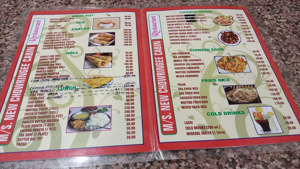 Menu Card of New Chowringee Cabin Restaurant (Kolkata, India)