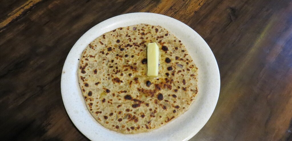 Aloo Pyaaz Paratha with Butter (Amul) as Breakfast at Zostel, Jaipur (Rajasthan, India)