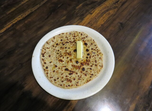 Aloo Pyaaz Paratha with Butter (Amul) as Breakfast at Zostel, Jaipur (Rajasthan, India)