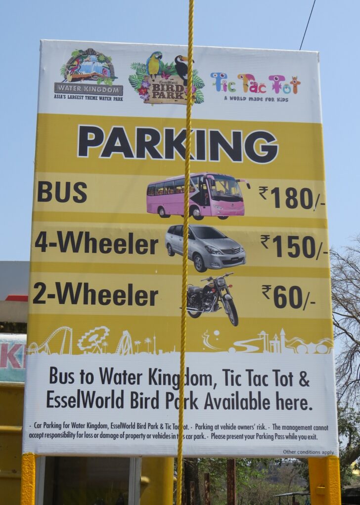 Parking Rates for/Water Kingdom/Bird Park/Tic Tac Tot in Mumbai (Maharashtra, India)