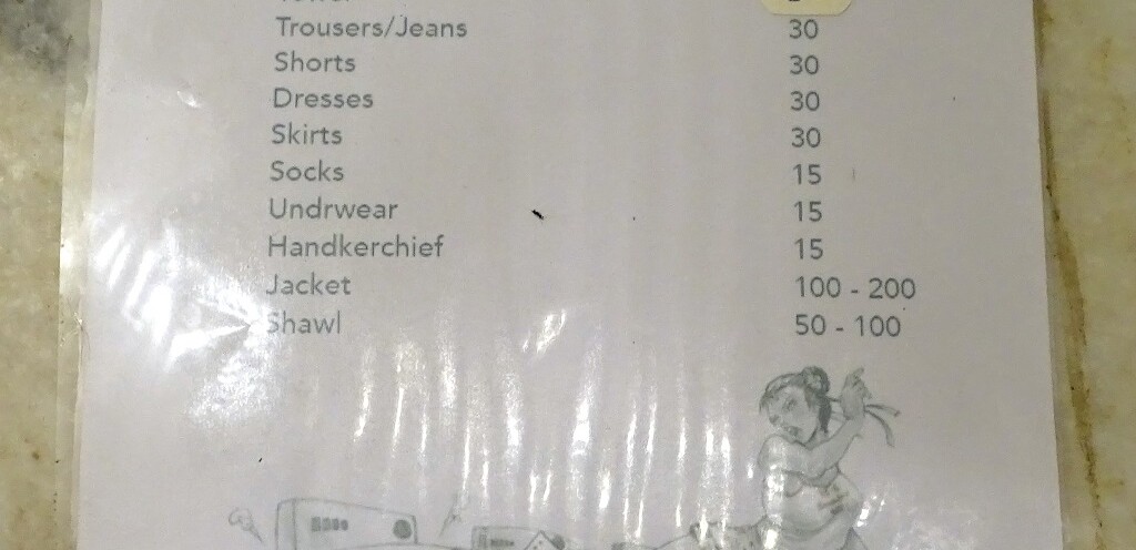 goSTOPS (Backpackers Hostel, Delhi, India) - Laundry Rate List