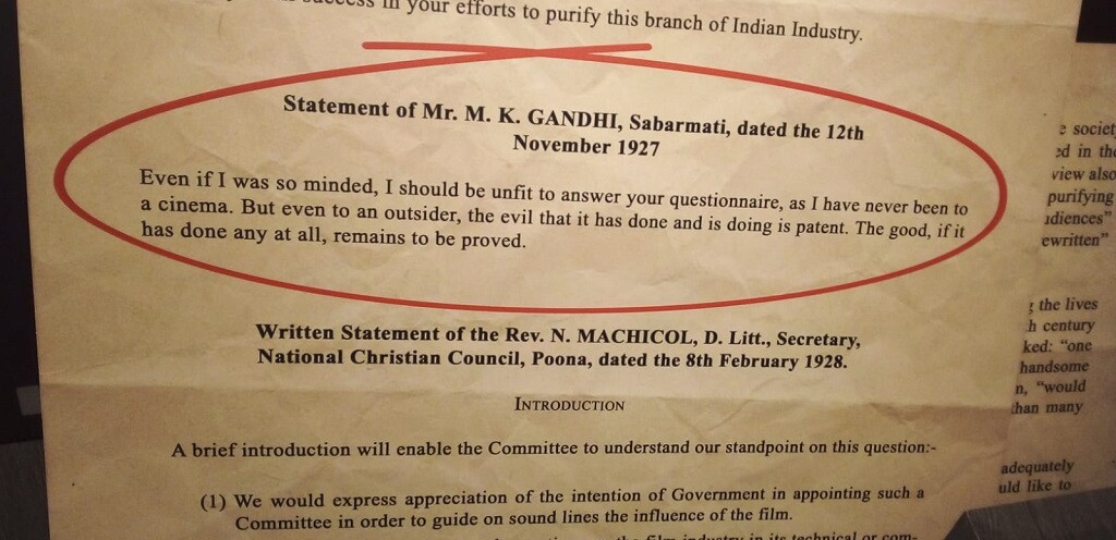 Statement of Mr. M. K. Gandhi on Cinema (National Museum of Indian Cinema, Mumbai, Maharashtra, India)