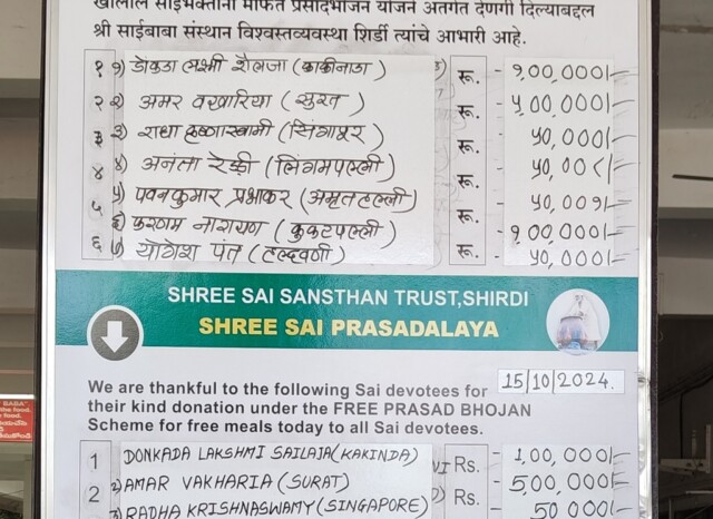 Sai Devotees Donation Under the FREE PRASAD BHOJAN SCHEME (Shri Saibaba Prasadalaya, Shirdi, Maharashtra, India)
